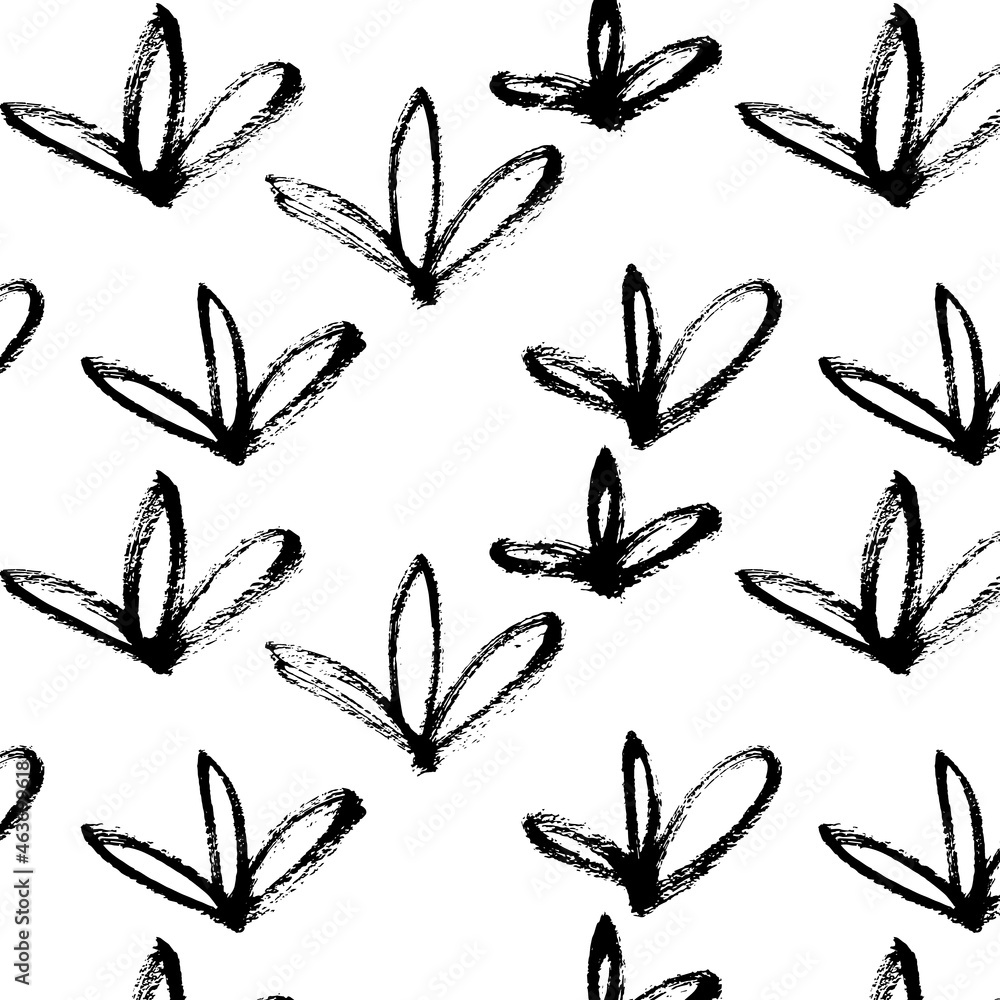 Vector seamless pattern of black triple leaves on a white background. Brush drawing, grunge. Image for fabric, wrapping paper, wallpaper. Minimalism, hand drawing. Vector seamless pattern of black triple leaves on a white background. Brush drawing, grunge. Image for fabric, wrapping paper, wallpaper. Minimalism, hand drawing.