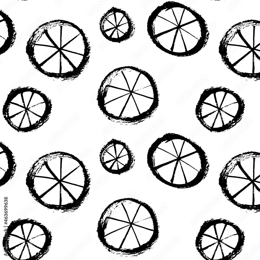 Vector seamless pattern of black stylized wheels on a white background. Bicycle, bike, transport. Brush drawing, grunge. Image for fabric, wrapping paper, wallpaper. Minimalism, hand drawing.