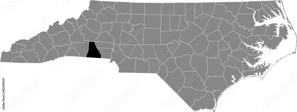 Black highlighted location map of the Cleveland County inside gray administrative map of the Federal State of North Carolina, USA Black highlighted location map of the Cleveland County inside gray administrative map of the Federal State of North Carolina, USA