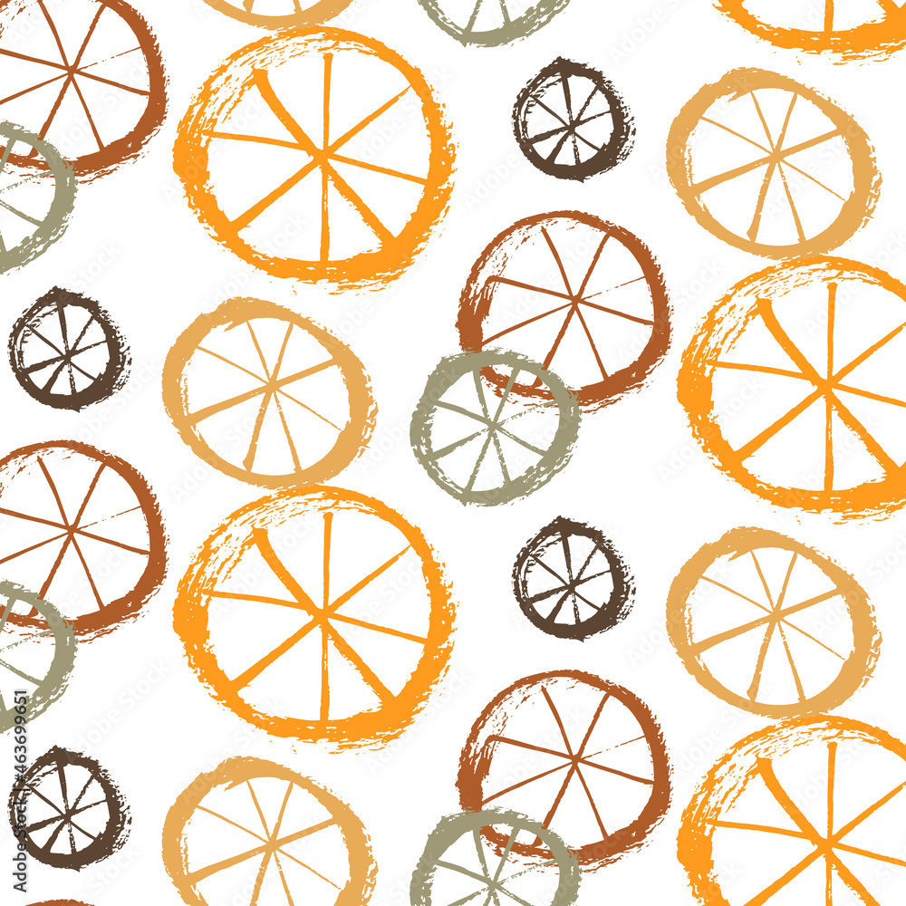 Fototapeta premium Vector seamless pattern from colored stylized oranges on a white background. Fruit, summer. Brush drawing, grunge. Image for fabric, wrapping paper, wallpaper. Minimalism, hand drawing.