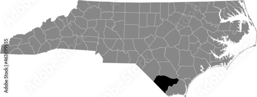 Black highlighted location map of the Columbus County inside gray administrative map of the Federal State of North Carolina, USA