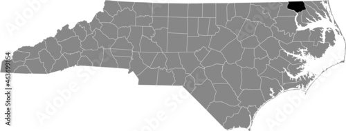 Black highlighted location map of the Gates County inside gray administrative map of the Federal State of North Carolina, USA