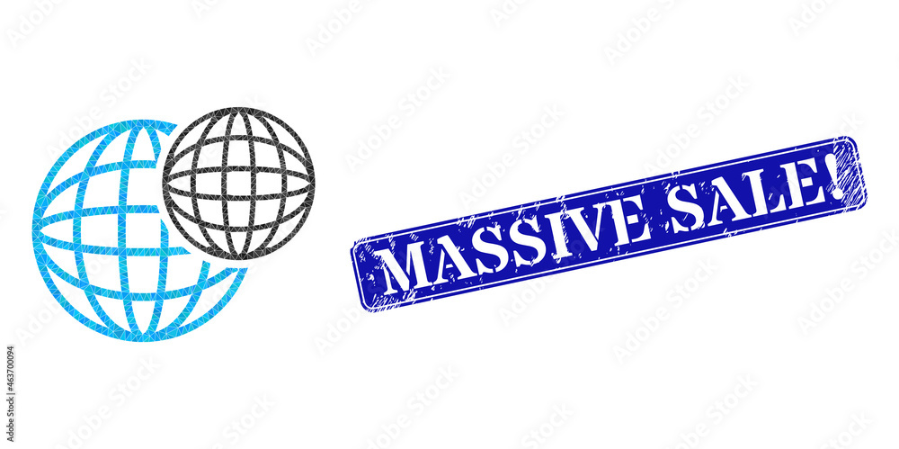 Low-poly spheric balls constructed with chaotic filled triangles, and grunge Massive Sale! seal. Blue rounded framed rectangle seal includes Massive Sale! caption inside framed rectangle form. Low-poly spheric balls constructed with chaotic filled triangles, and grunge Massive Sale! seal. Blue rounded framed rectangle seal includes Massive Sale! caption inside framed rectangle form.