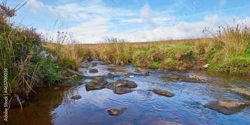 Shallow moorland stream and rocks