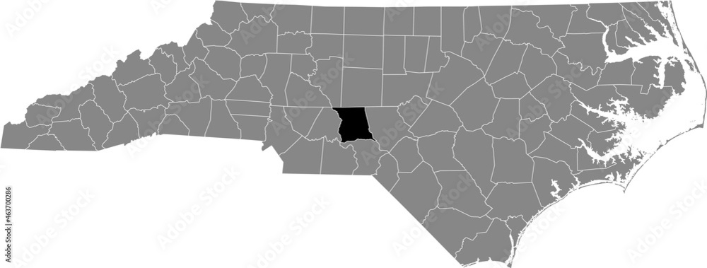 Black highlighted location map of the Montgomery County inside gray administrative map of the Federal State of North Carolina, USA Black highlighted location map of the Montgomery County inside gray administrative map of the Federal State of North Carolina, USA