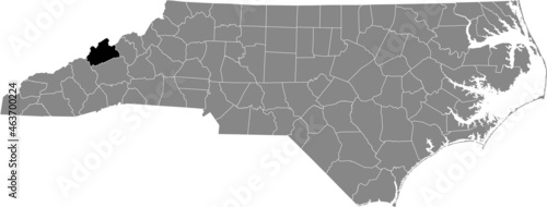 Black highlighted location map of the Madison County inside gray administrative map of the Federal State of North Carolina, USA