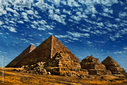 Desert landscape with the Giza pyramids  the old necropolis for pharaohs. One of the world biggest tourist attractions  in Egypt. Oil paint filter.