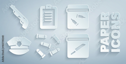 Set Bullet, Evidence bag with bullet, Police cap cockade, knife, report and shotgun icon. Vector