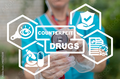 Medical and pharmaceutical concept of counterfeit drugs. Counterfeits pills and medicine device. Counterfeiting control and fight.