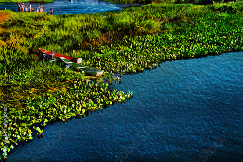 Small wooden boats moored amid aquatic vegetation. At the tropical beach of Itaunas in the northwestern Brazilian coastline. Oil Paint filter.