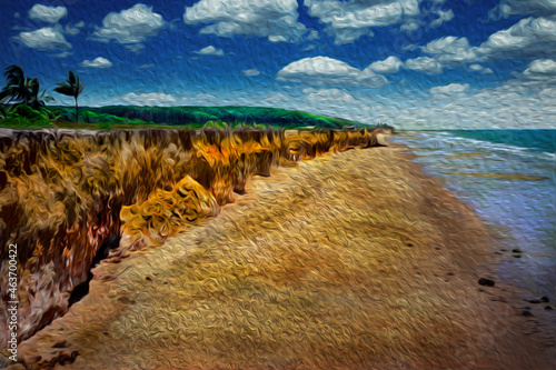 Landscape of beautiful cliffs by the sea in a sunny day. At the tropical beach of Itaunas in the northwestern Brazilian coastline. Oil Paint filter. photo