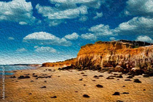 Landscape of beautiful cliffs by the sea in a sunny day. At the tropical beach of Itaunas in the northwestern Brazilian coastline. Oil Paint filter. photo