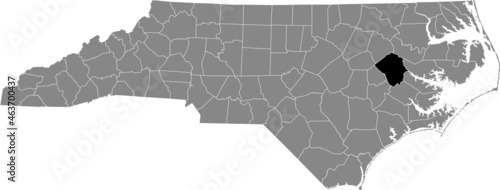 Black highlighted location map of the Pitt County inside gray administrative map of the Federal State of North Carolina, USA