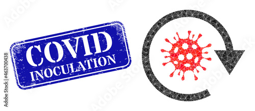 Low-poly covid virus update constructed of random filled triangles, and grunge Covid Inoculation seal stamp.