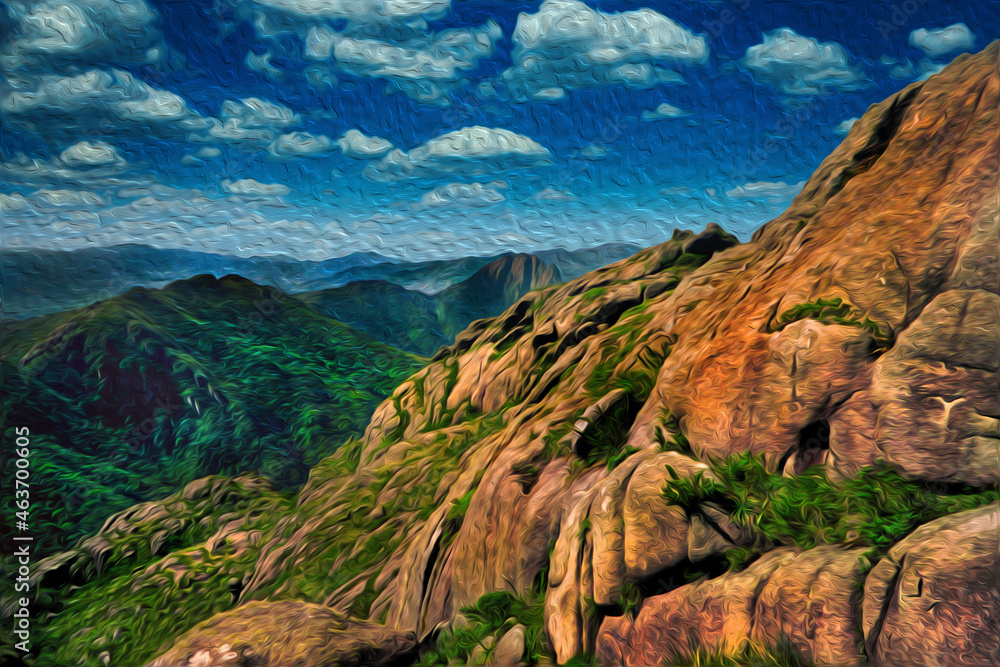 Rocky peaks and valleys covered by forest viewed from the Marins Peak, one of the highest points at the Mantiqueira Ridge, in Brazil. Oil Paint filter Rocky peaks and valleys covered by forest viewed from the Marins Peak, one of the highest points at the Mantiqueira Ridge, in Brazil. Oil Paint filter