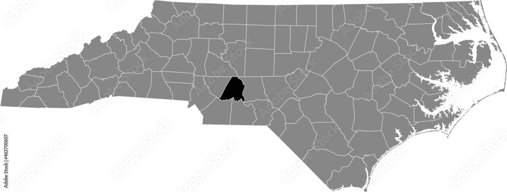 Black highlighted location map of the Stanly County inside gray administrative map of the Federal State of North Carolina, USA Black highlighted location map of the Stanly County inside gray administrative map of the Federal State of North Carolina, USA