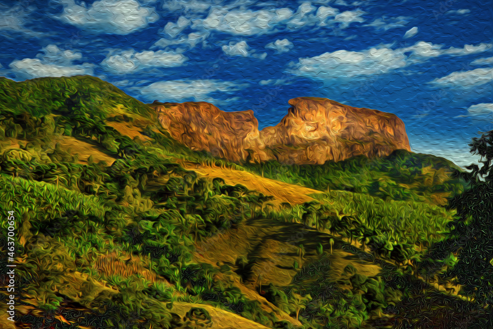 Steep rock called Bau Peak on a hilly landscape with forest. The region is a tourism attraction at the Mantiqueira Ridge, in Brazil. Oil Paint filter.