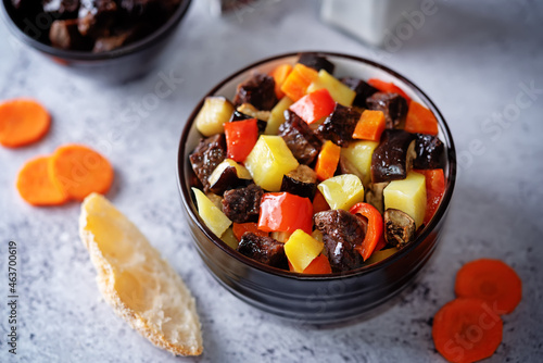 Beef potato carrot eggplant pepper stew in the bowl