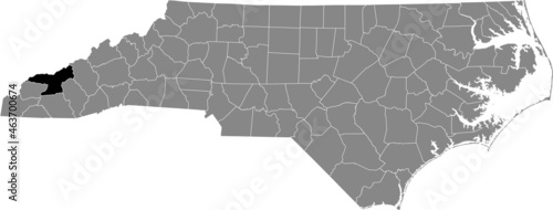 Black highlighted location map of the Swain County inside gray administrative map of the Federal State of North Carolina, USA