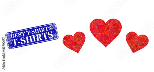 Low-poly love rating designed with scattered filled triangles, and grunge Best T-Shirts seal stamp. Blue rounded framed rectangle stamp seal has Best T-Shirts text inside framed rectangle form.