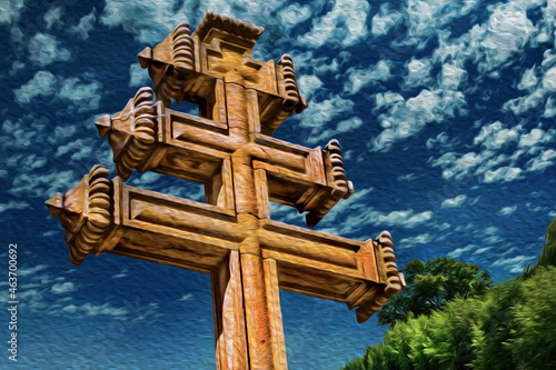 Papal cross or triple cross carved on stone in Baroque style in Ouro Preto. A village with colonial architecture in Brazil. Oil paint filter. photo