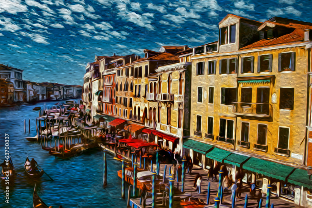 Old buildings and boats in front of the Canal Grande in Venice. The amazing marine city full of canals and palaces in Italy. Oil paint filter.