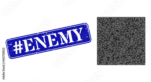 Low-poly filled square designed with randomized filled triangles, and grunge #Enemy stamp. Blue rounded framed rectangle stamp has #Enemy tag inside framed rectangle shape.