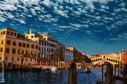 Palaces alongside the Canal Grande near the Rialto Bridge in Venice. The amazing marine city full of canals and palaces in Italy. Oil paint filter.