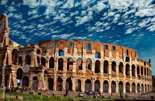 Colosseum facade, an ancient Roman arena and one of the italian most iconic architectural wonder. In Rome, the eternal city. Oil paint filter.