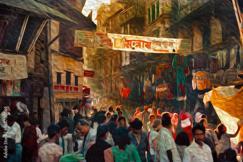 Crowd in a narrow street at the Kathmandu city center. The exotic capital of Nepal, at the bottom of the Himalayas Ridge. Oil paint filter.
