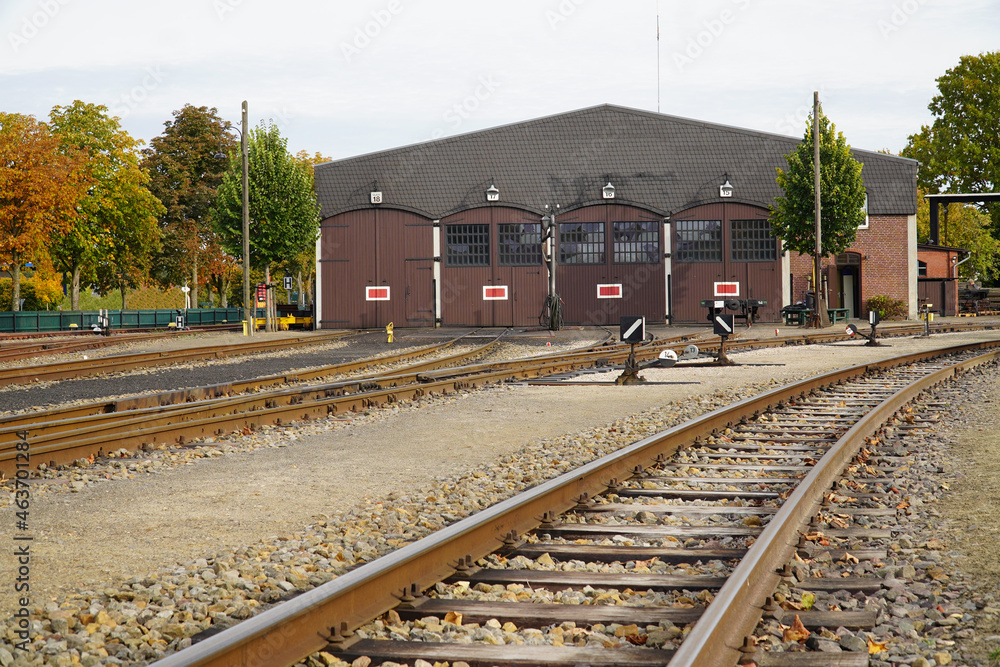 Train station Bruchhausen Vilsen, district of Diepholz, Lower Saxony, Germany. An old locomotive shed behind the railroad turntable for steam locomotives at the station.