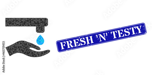 Low-poly water thrift hand combined from randomized filled triangles, and grunge Fresh 'N' Testy stamp.