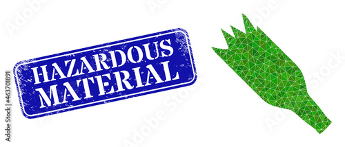 Low-poly crashed beer bottle designed with chaotic filled triangles, and grunge Hazardous Material seal stamp.