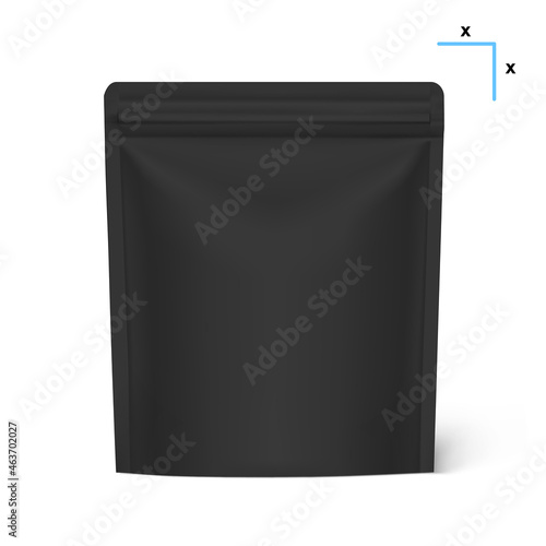 Black pouch bag mockup with ziplock isolated on white background. Vector illustration. Front view. Can be use for template your design, presentation, promo, ad. EPS10.	
