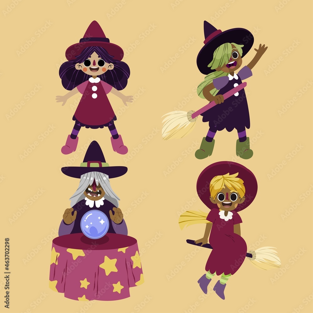 hand drawn flat halloween witches collection vector design illustration