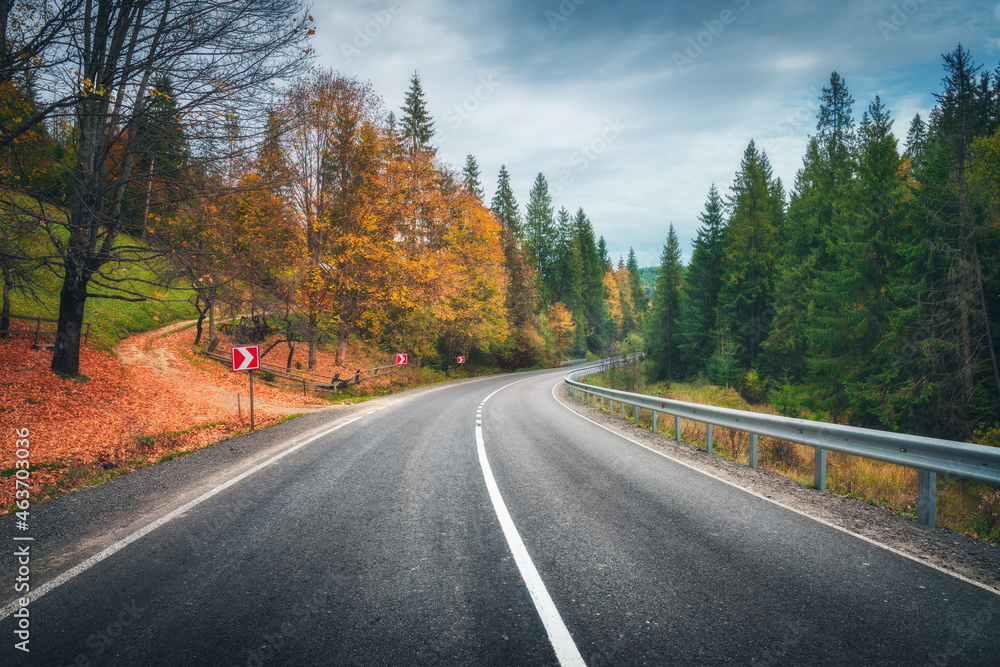 Fototapeta premium Road in autumn forest. Beautiful empty mountain roadway, trees with orange foliage and overcast sky. Landscape with asphalt road through the woods in fall. Travel in europe. Road trip. Transportation