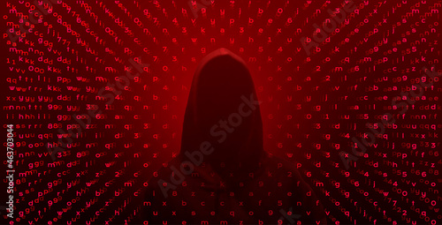 Computer hacker on abstract binary code background. Hacking concept