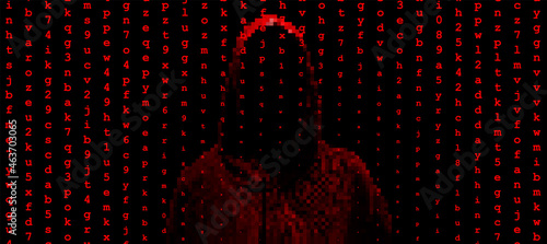 Silhouette of a hacker on a background with binary code and lights, hacking of a computer system, theft of data