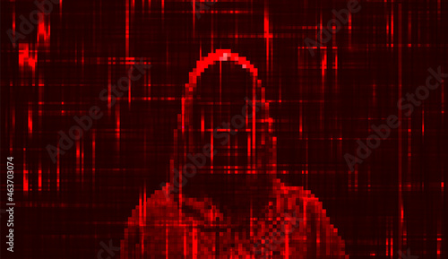 Silhouette of a hacker on a background with binary code and lights, hacking of a computer system, theft of data