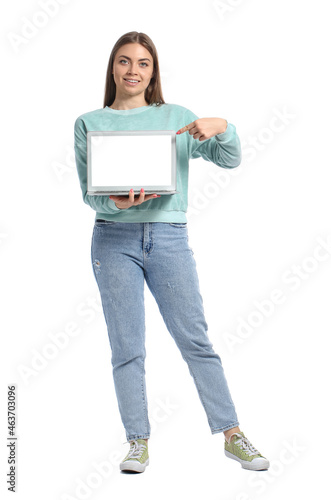 Pretty young woman pointing...