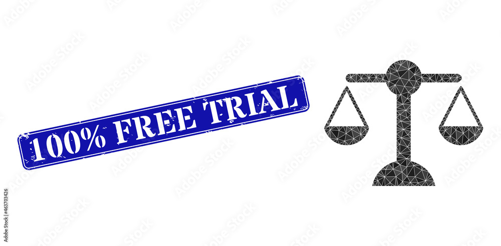 Low-poly equilibrium weight designed of random filled triangles, and grunge 100% Free Trial stamp. Low-poly equilibrium weight designed of random filled triangles, and grunge 100% Free Trial stamp.