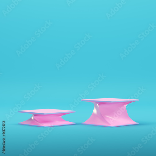 Pink empty product display on bright blue background in pastel colors