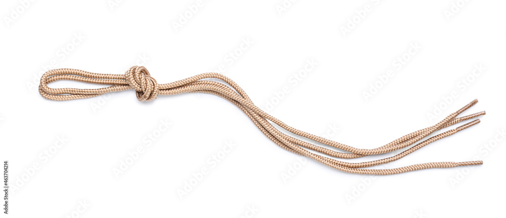 Shoe laces tied in knot on white background