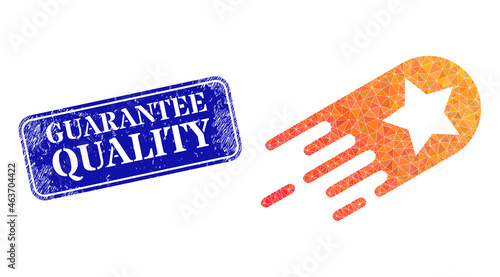 Low-poly star bolide combined with randomized filled triangles, and grunge Guarantee Quality seal stamp.