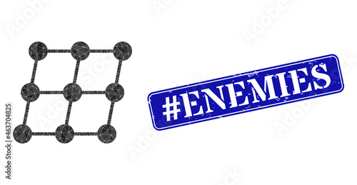 Low-poly inclined grid nodes constructed with randomized filled triangles, and grunge #Enemies seal stamp. Blue rounded framed rectangle stamp contains #Enemies tag inside framed rectangle shape.