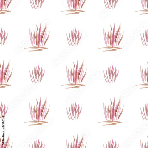 Seamless pattern with pink hand-drawn watercolor grass on a white background. For textiles, print. Natural Organic Concept. Simple two-color image