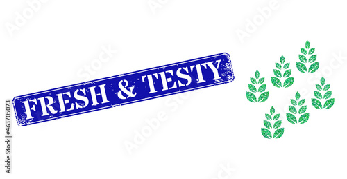 Low-poly farm field designed with random filled triangles, and grunge Fresh & Testy seal stamp. Blue rounded framed rectangle stamp seal includes Fresh & Testy title inside framed rectangle form.