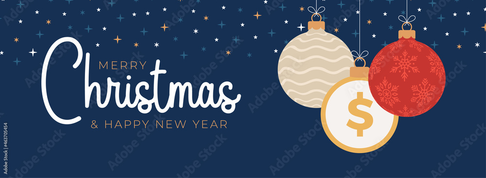 Merry Christmas dollar symbol banner. Dollar sign as christmas bauble ball hanging greeting card. Vector image for xmas, finance, new years day, banking, money