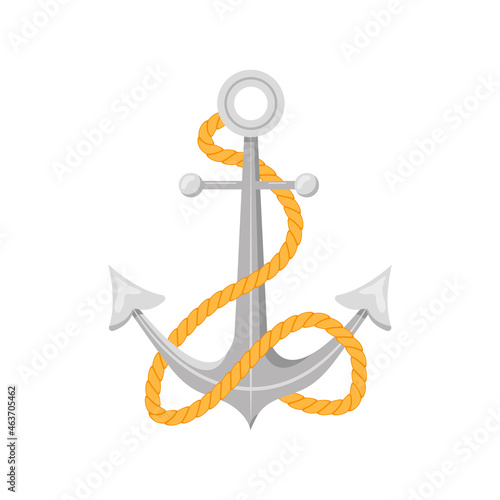 Pirate anchor with rope. Piracy icon isolated on white background. Vector illustration in flat cartoon style.