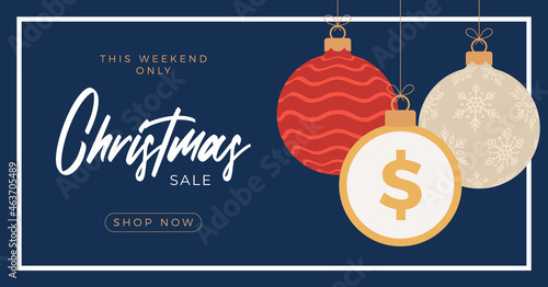 Merry Christmas dollar symbol banner. Dollar sign as christmas bauble ball hanging greeting card. Vector image for xmas, finance, new years day, banking, money